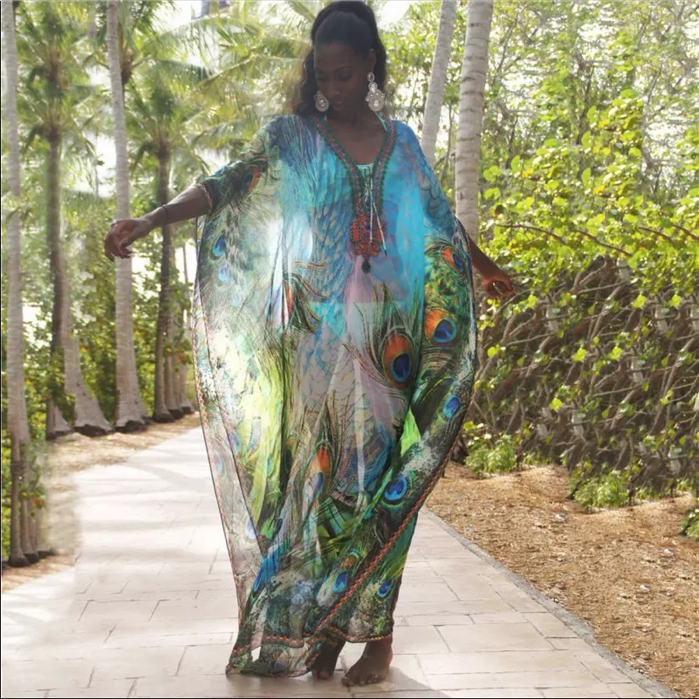 Peacock Feather Aqua Blue Green Kaftan Kimono - Picture 2 of 6